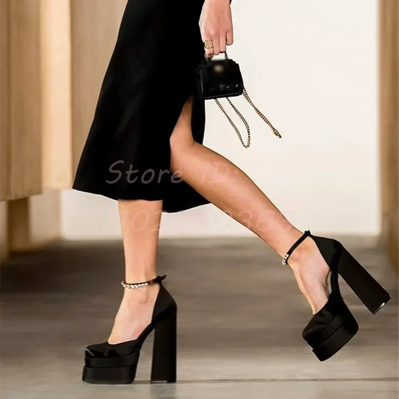 Solid Satin Crystal Platform Pumps Lolita Round Toe Rhinestone Buckle Chunky High Heels Sexy Sandals Women Mary Jane Shoes 2024