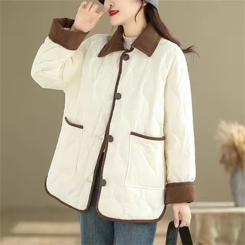 2024 New Contrasting Lapels Cotton-Padded Jacket Women Winter Loose Casual Parkas Ladies Outwear Coats Female Cotton Overcoat