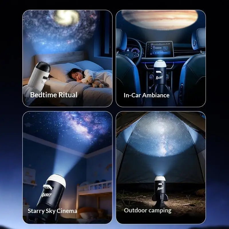 2 in 1 Adjustable Focus Rocket Galaxy Projector Ambient Star Projection Light for Camping Indoor Outdoor Decor