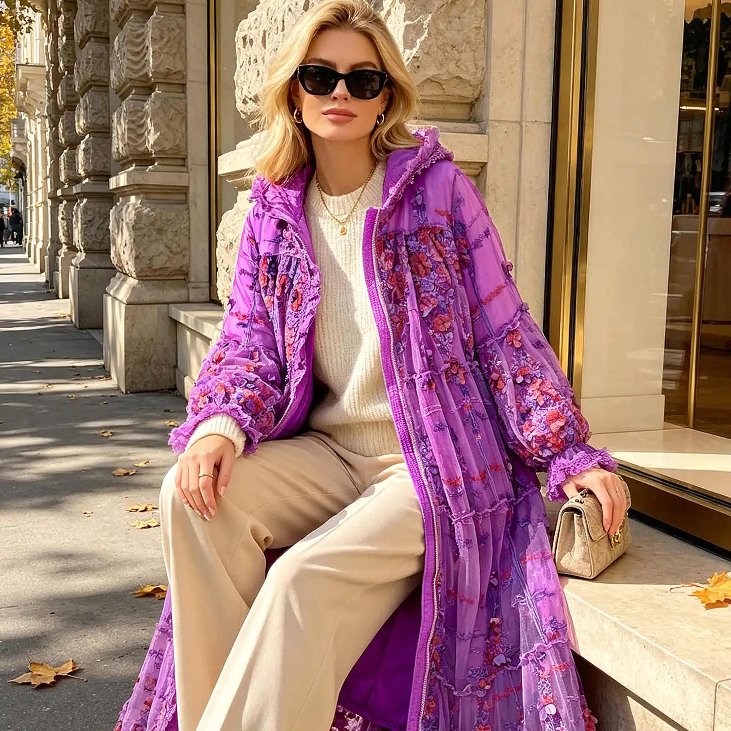 Women Purple Silk Fabric 3D Embroidered Hooded Mid-Length Warm Cotton Coat Late Autumn Early Winter Outerwear