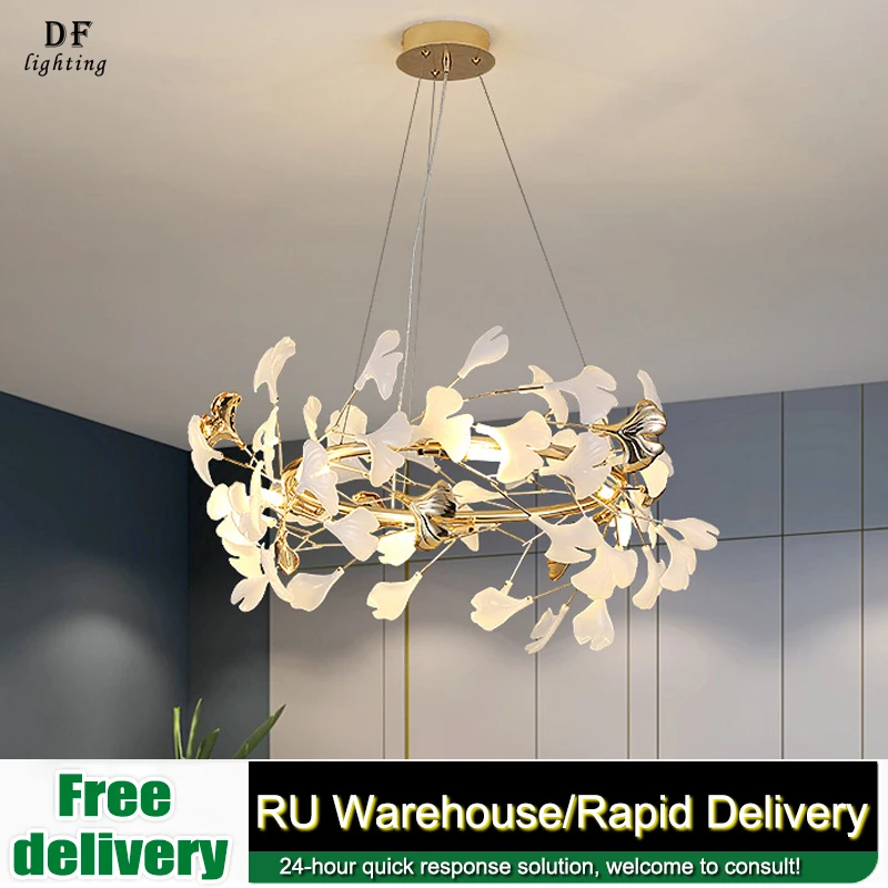 

Modern Chandelier Living Room Creative Luxury Hall Hanging Lamp Restaurant Bar Lighting Designer Ginkgo Leaf Indoor Decor