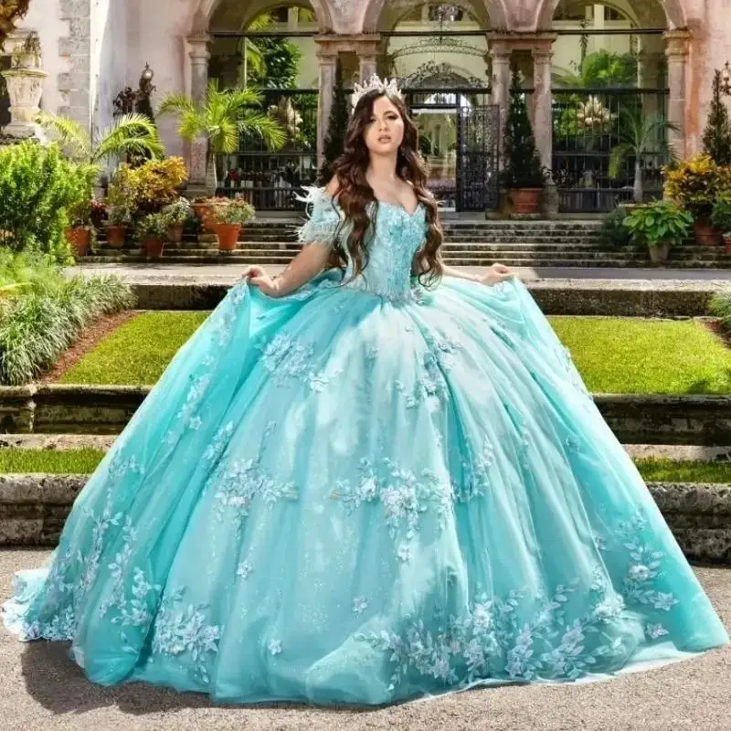 فساتين Quinceanera باللون الأزرق المائي ثوب حفلة قبالة الكتف القوس مطرز زين الدانتيل فستان حفلة عيد ميلاد Vestidos De 15 Anos