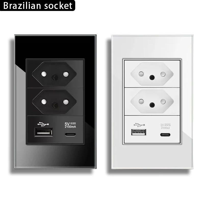 10A/20A Brazil Socket with USB Type-C 5V 2100mA, 118*72mm Tempered Glass Panel