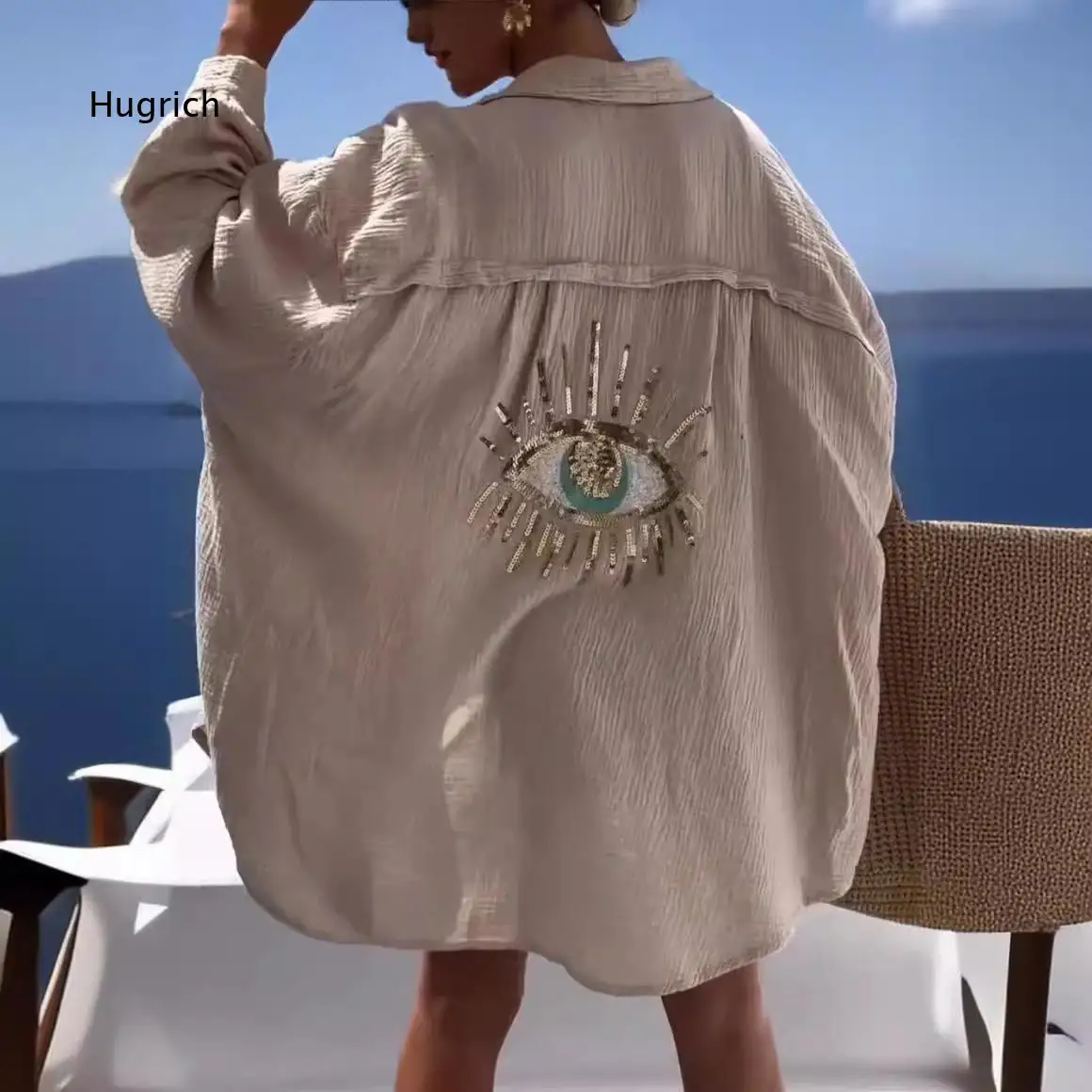 Women's Oversized Long Sleeve Shirt Blouse Lapel Collar Evil Eye Embroidery Loose Cover Up Top For Beach Vacation