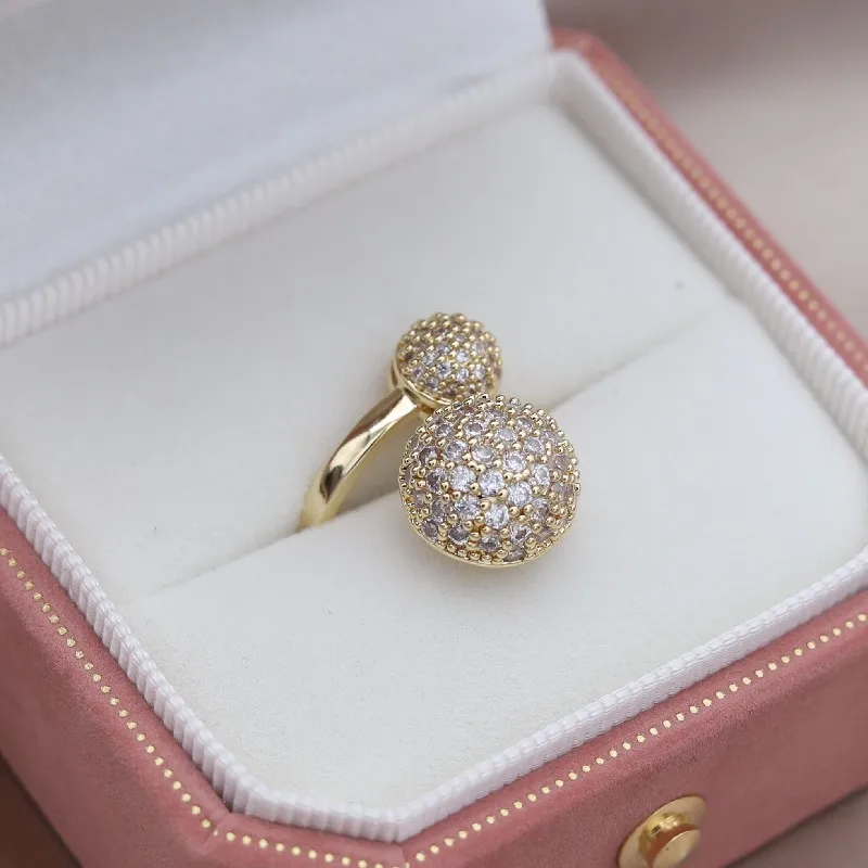 2023 Korean new design fashion jewelry 14K gold plated round close-set zircon ball ring elegant women\'s daily work accessories
