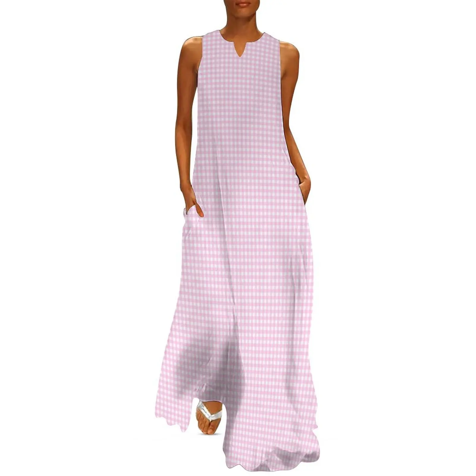 

Pink And White Gingham Check Pattern Long Dress dresses for womens cocktail dresses Clothing female Women long dress Dress