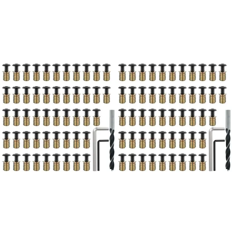 AT63-100 Sets 1/4-20 X 19/32 Inch Threaded Insert And Bolt For Wood, Hex Socket Drive Furniture Screw Nut Assortment Kits