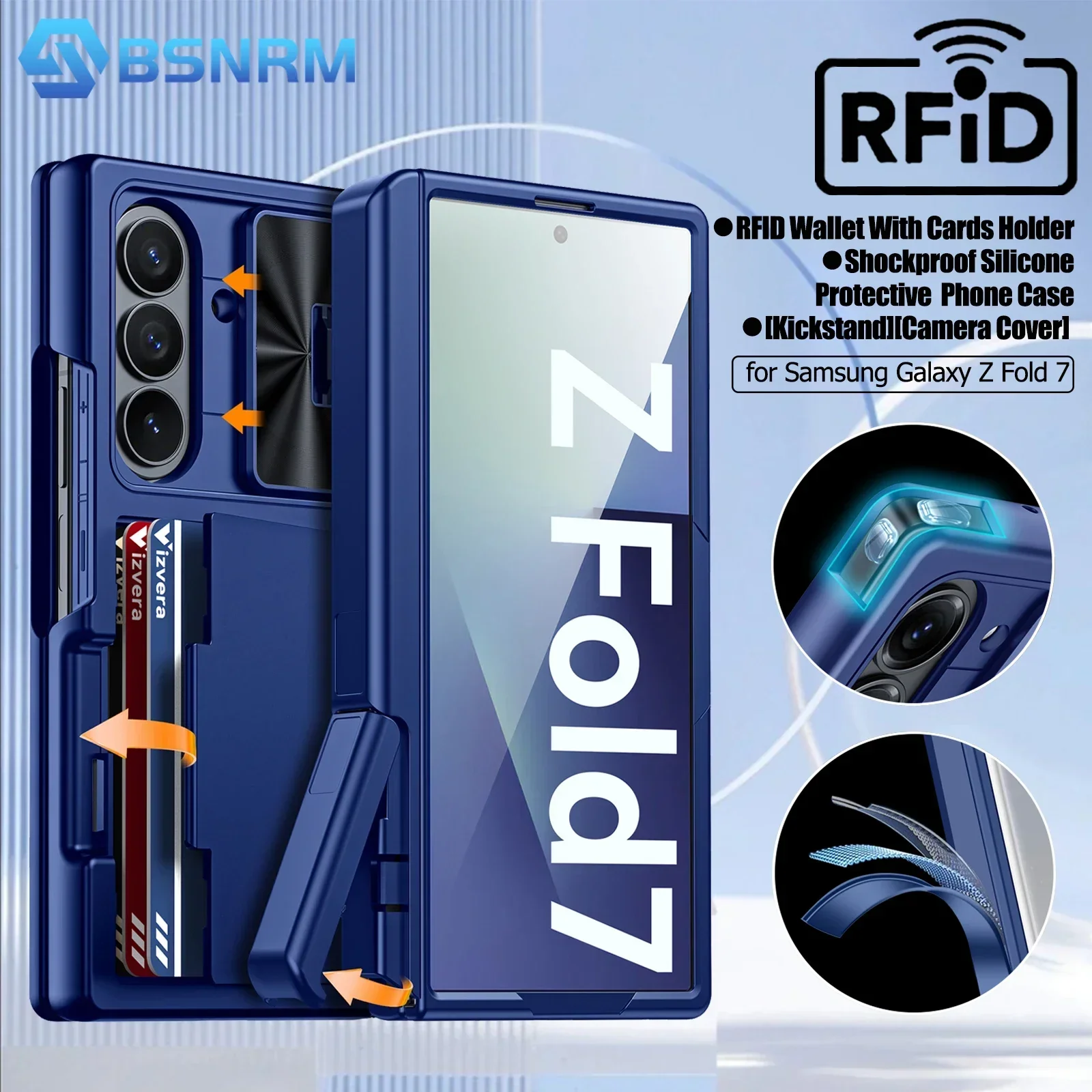 

Чехол-кошелек для Samsung Galaxy Z Fold 7, держатель RFID-карты, скрытый кронштейн, чехол для камеры, противоударный силиконовый чехол для телефона-синий