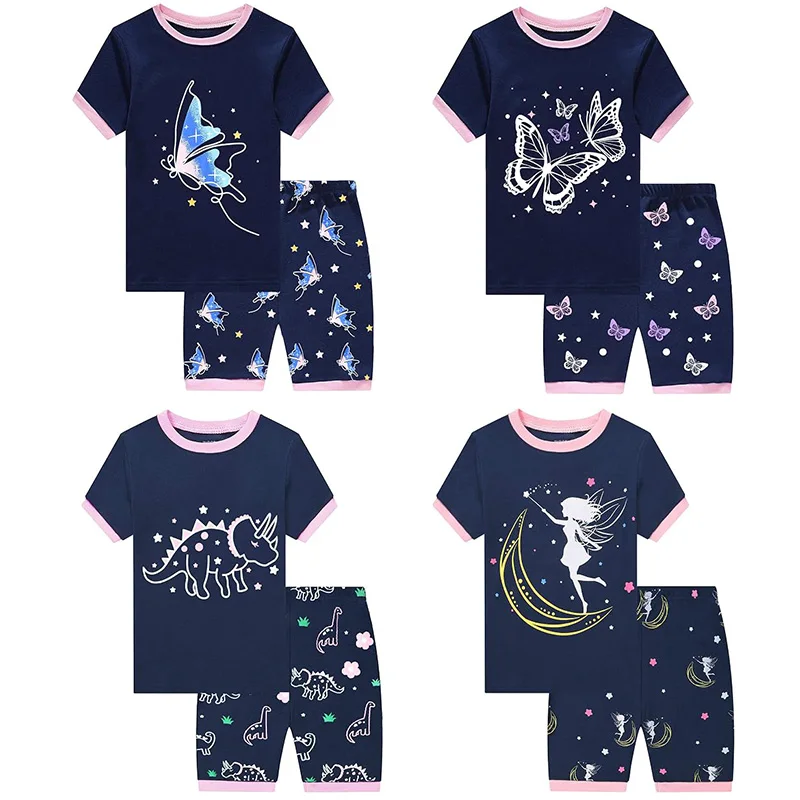 Little Hand Kids Printed Pyjamas Soft Short Sleeve Night Clothes Glow In Dark Elf Butterfly Pattern Summer Loungewear Set For 2-