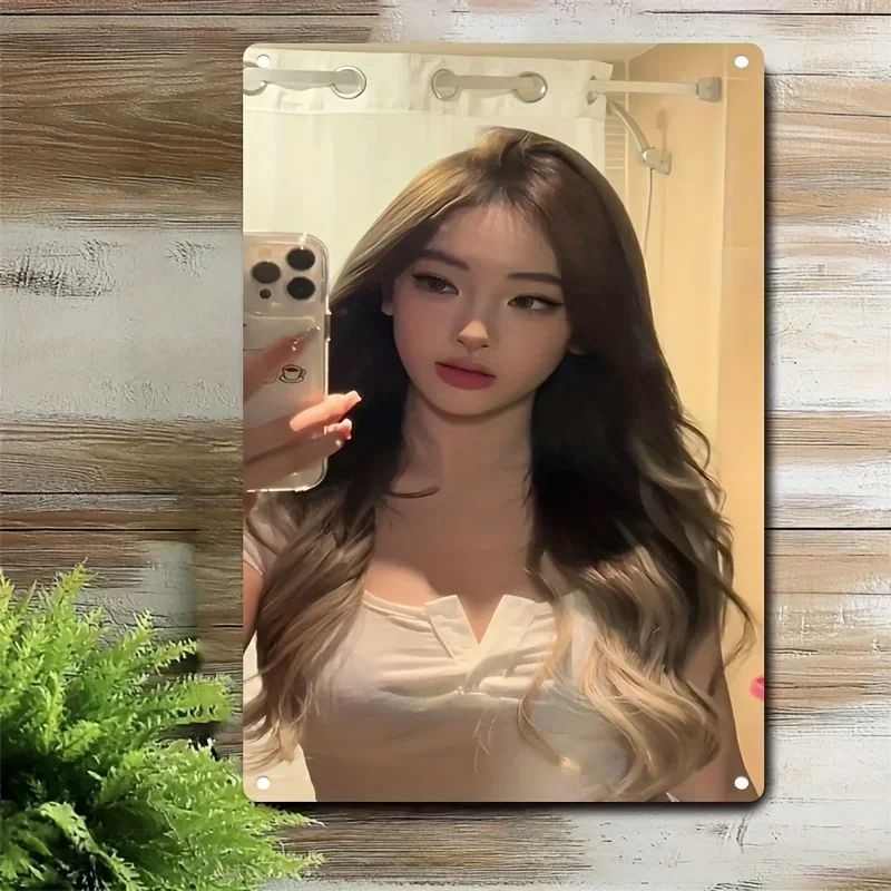 HD Metal Wall Art Cute Korean Girl with Long Wavy Ombre Hair Taking Mirror Selfie in White V-Neck Top Holding iPhone with Cute C