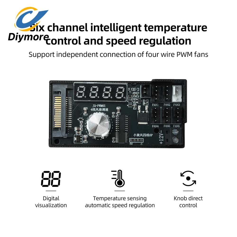 6 Channel PWM Fan Controller 12V 5A SATA Power Digital Display Temp Speed Auto Manual Mode for PC Case Server Mining Rig Cooling