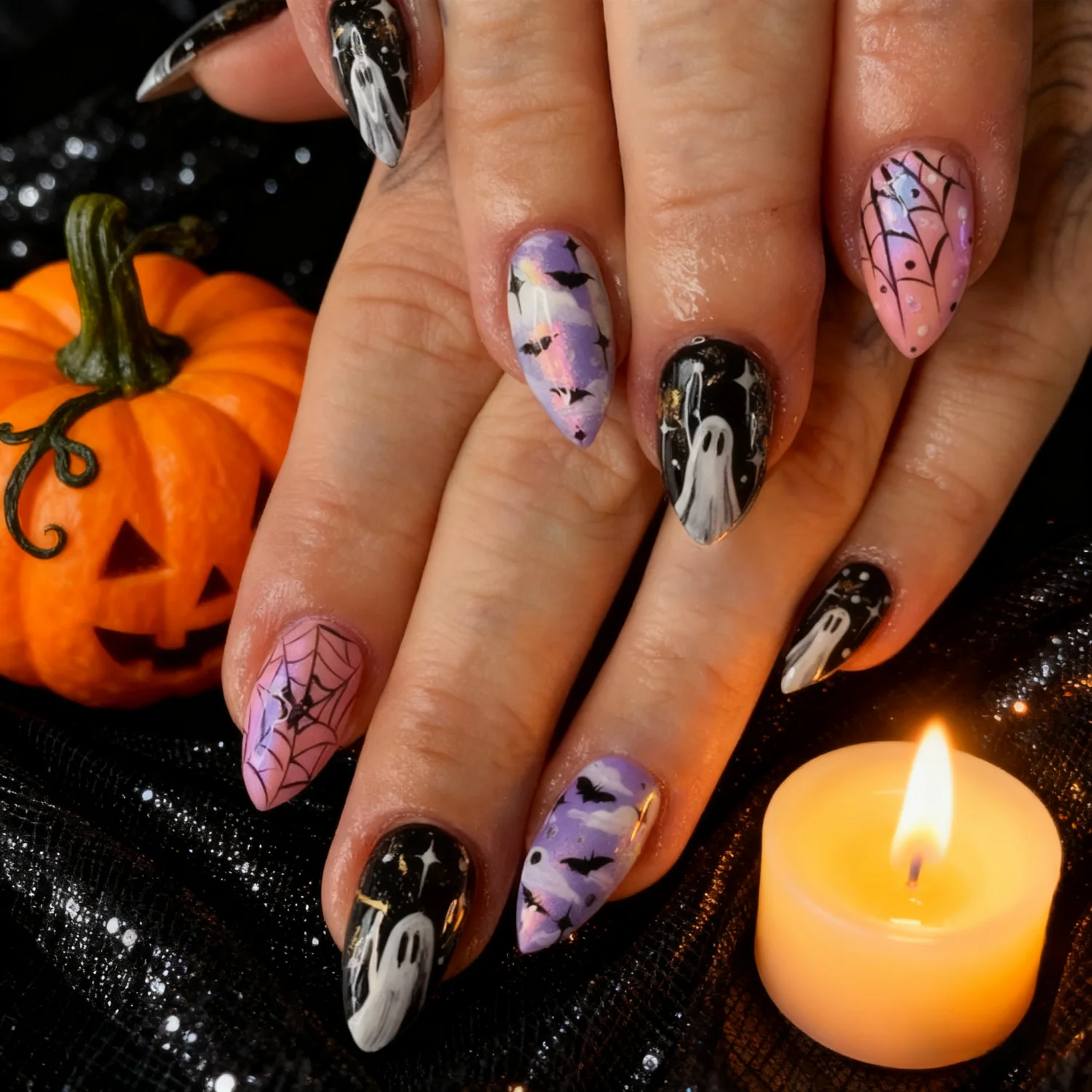 

24pcs Midium Almond Fake Nail Tips With Spider Web Ghost Print French Acylic Nails Art European Spicy Girls False Nails Patches
