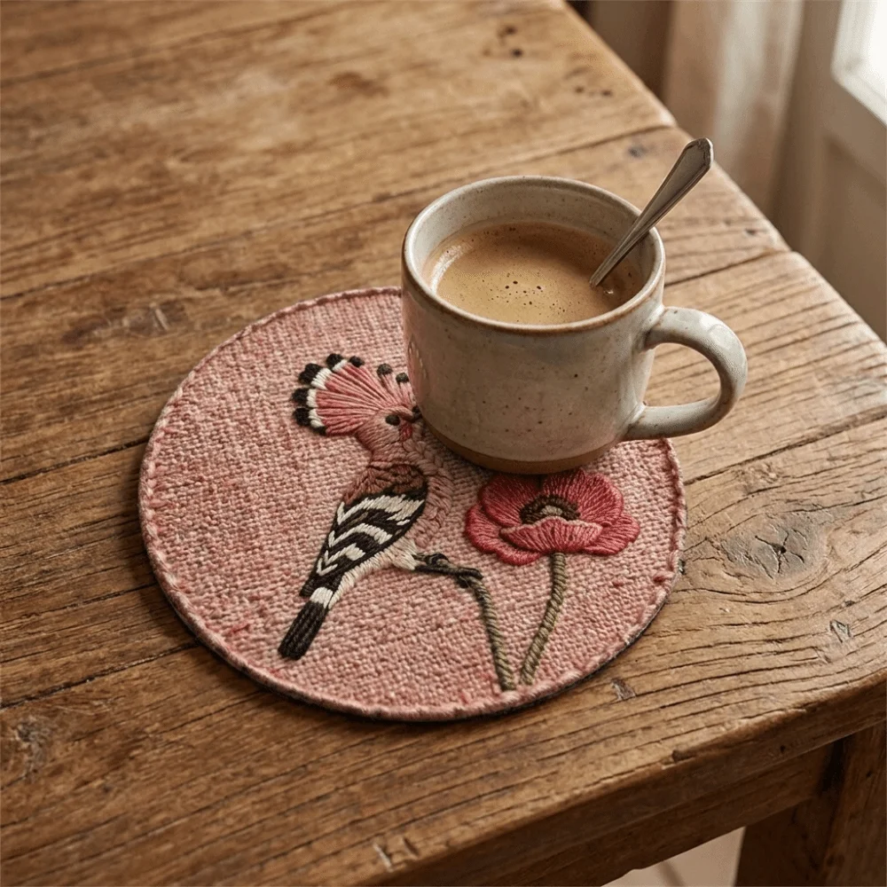 Flower and Bird Print Round Coaster Anti Slip Heat Resistant Pot Holder Imitation Weaving Heat Insulating Trivets