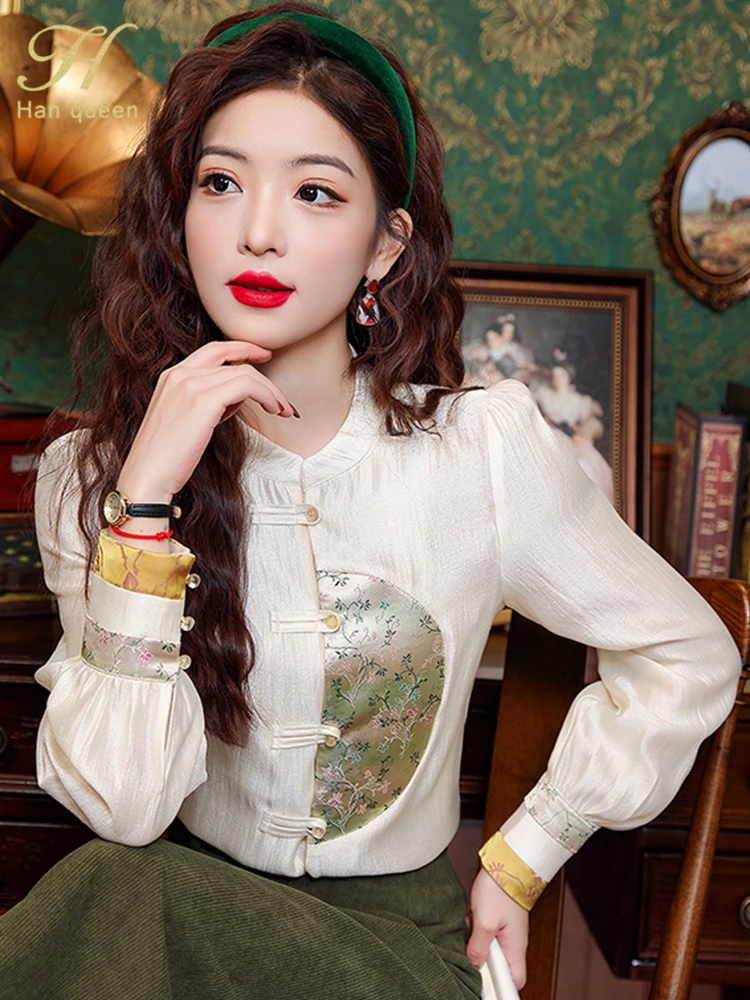 H Han Queen 2024 New Fashion korean Style Vintage Office Blouse Chiffon Shirt Simple Tops Long Sleeve Casual Loose Women Blouses