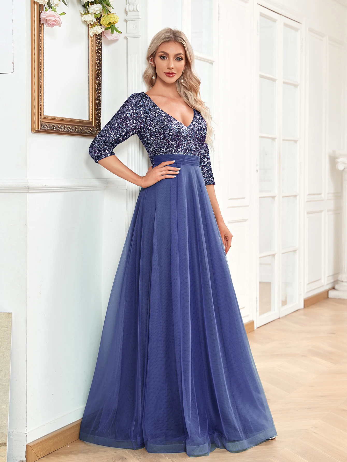 XUIBOL Elegant V-Neck Long Sequin Blue Evening Dress 2024 Women Mermaid Formal Dress Long Sleeves Wedding Party Maxi Prom Dress