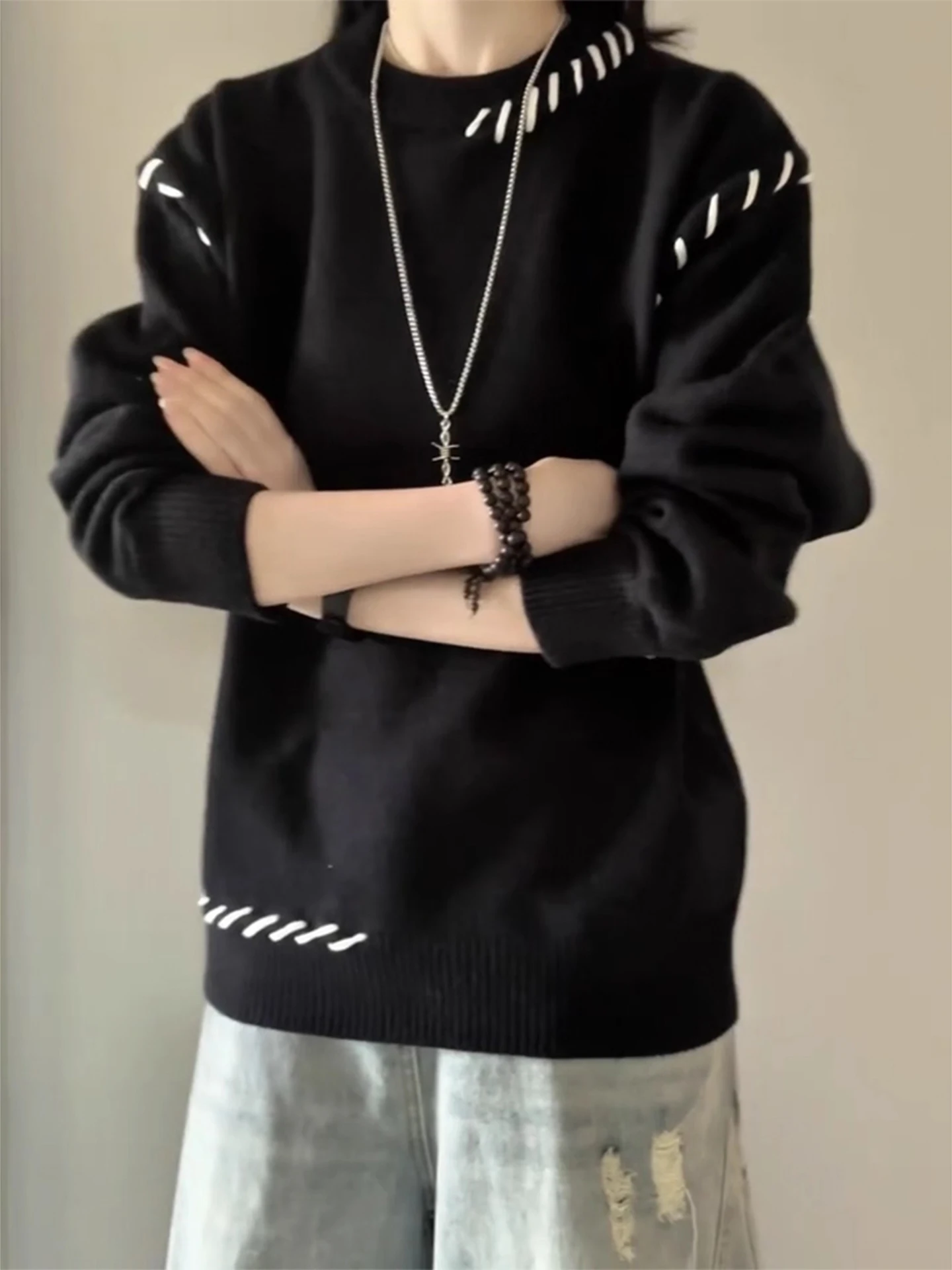 

Мужской вязаный свитер свободного кроя Bla, осенне-зимний, повседневный, с вышивкой, теплый, базовый слой, шерстяной топ