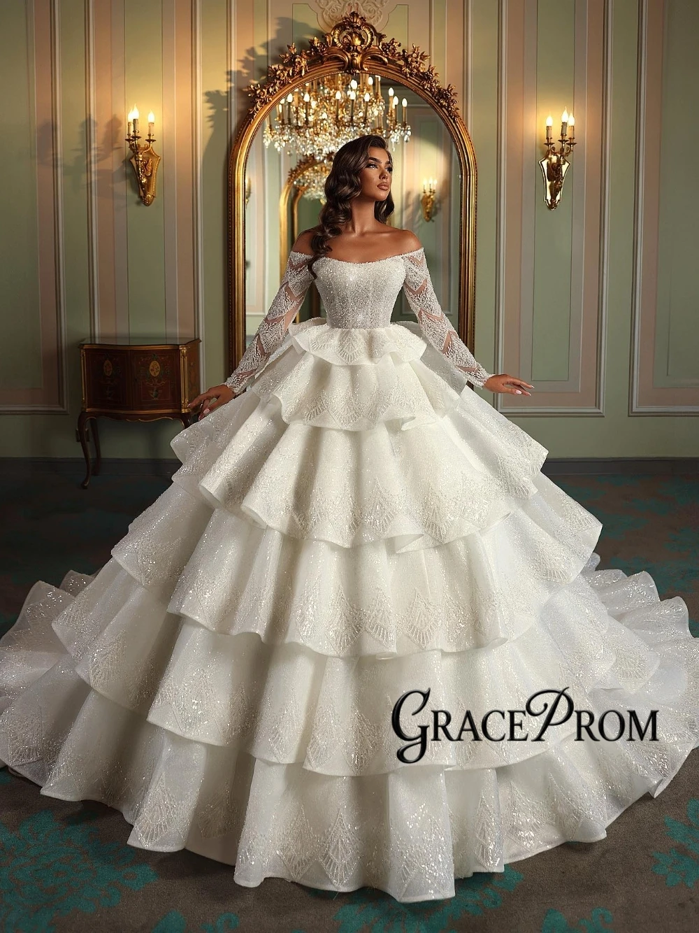 

Chic Tiered Ball Gown Dazzling Off-the-shoulder Wedding Dress Customized Beading Dreamy Romantic Bridal Gown Court Train