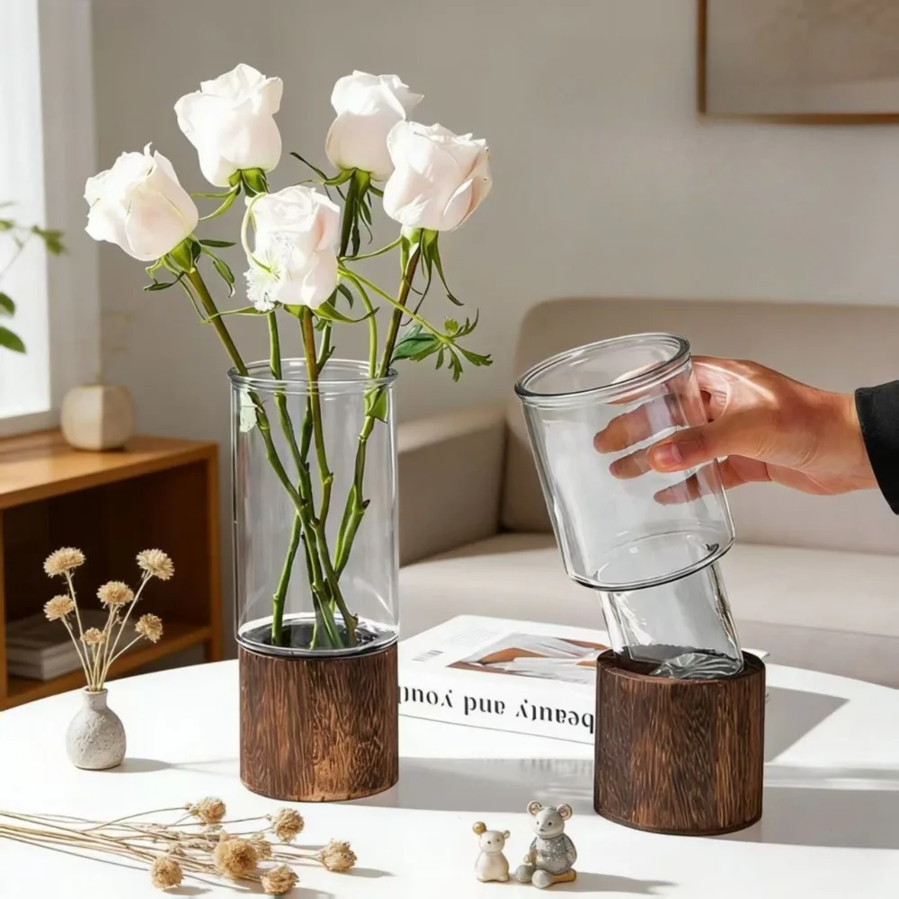Vases Simple European Hydroponic Plant Household Living Room Table Inserted Flower Wood Base