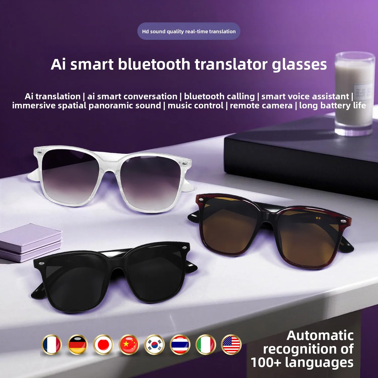 AI Smart for Glasses Real-Time Translation Multi-Language Support Music Call Features Touch Control UV Protection Magnetic