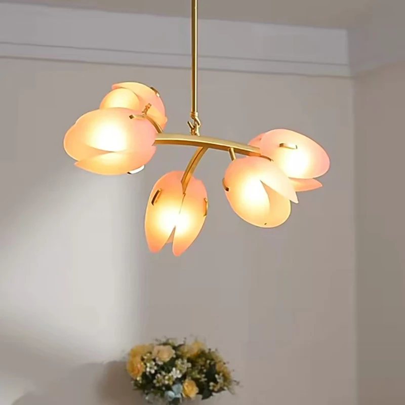 Art Decor Chandelier White Pink Glass Matte Gold Metal Parlor Bedroom Dining Room Lighting Fixtures G9 Bulb Dropshipping