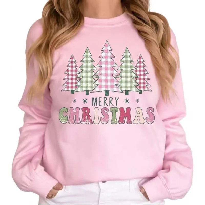 Happy Christmas pullover women's checkered pink cute farm holiday sweatshirt