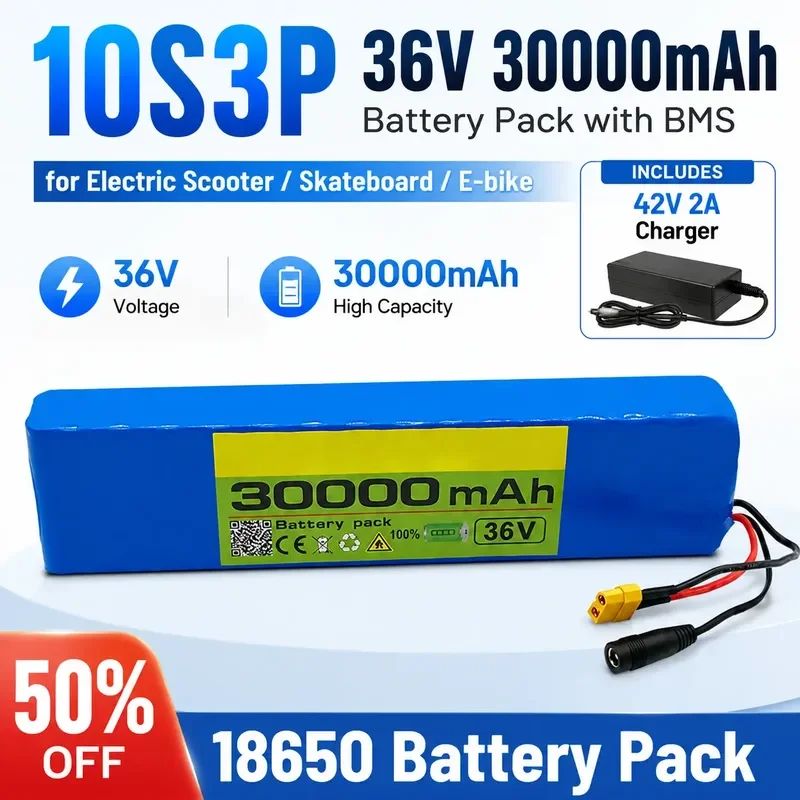 

10S3P 36V 30000mAh 18650 Battery Pack with BMS for Electric Scooter Skateboard E-bike High Power Li-ion Battery+42V2A Charger