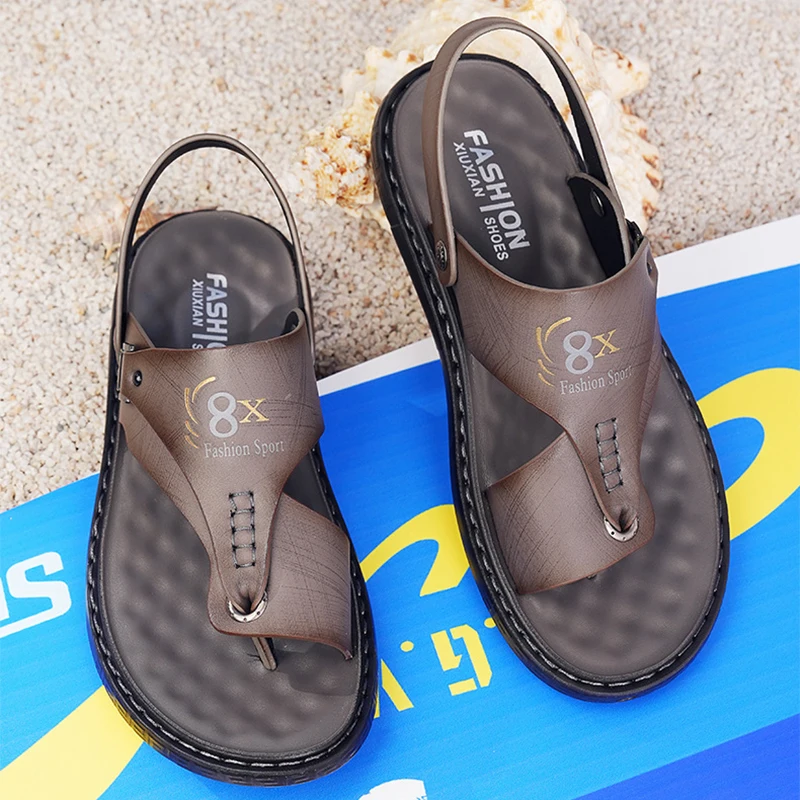 Sandálias de couro genuíno masculinas, sapatos de praia da moda, chinelo antiderrapante, sola macia, chinelos casuais, ao ar livre, verão