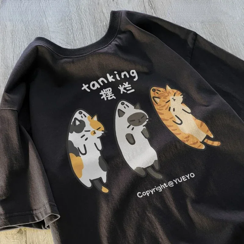 Short Sleeved T-shirt for Women Three Cats with Tattered Printing Loose and Versatile Pure Cotton Japanese Top Clothing