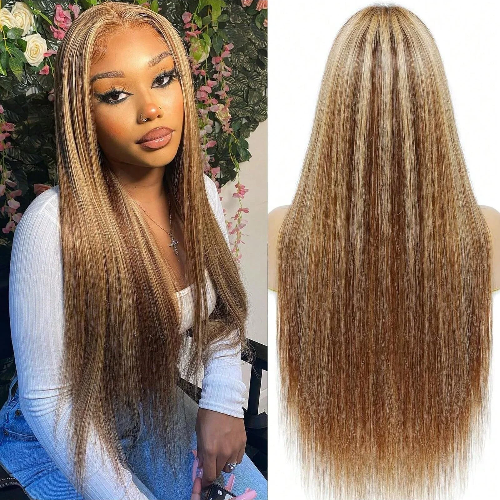 34 Inch Ombre 13x4 Glueless Lace Front Wig Human Hair 4/27 Brown Colored Honey Blonde Wig Straight Human Hair Wigs For Women