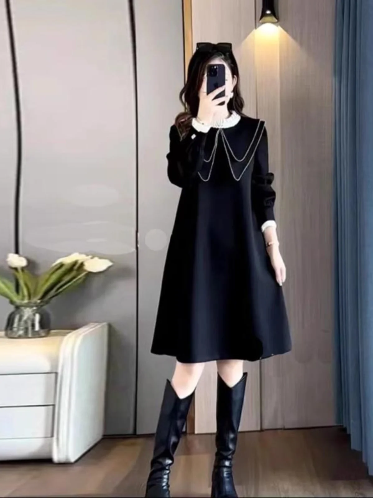 

plus Size Spring Faion Doll Collar Splice Dr Belly Concealing Agel A-Line Skirt Long Sve High Waist Korean Sle