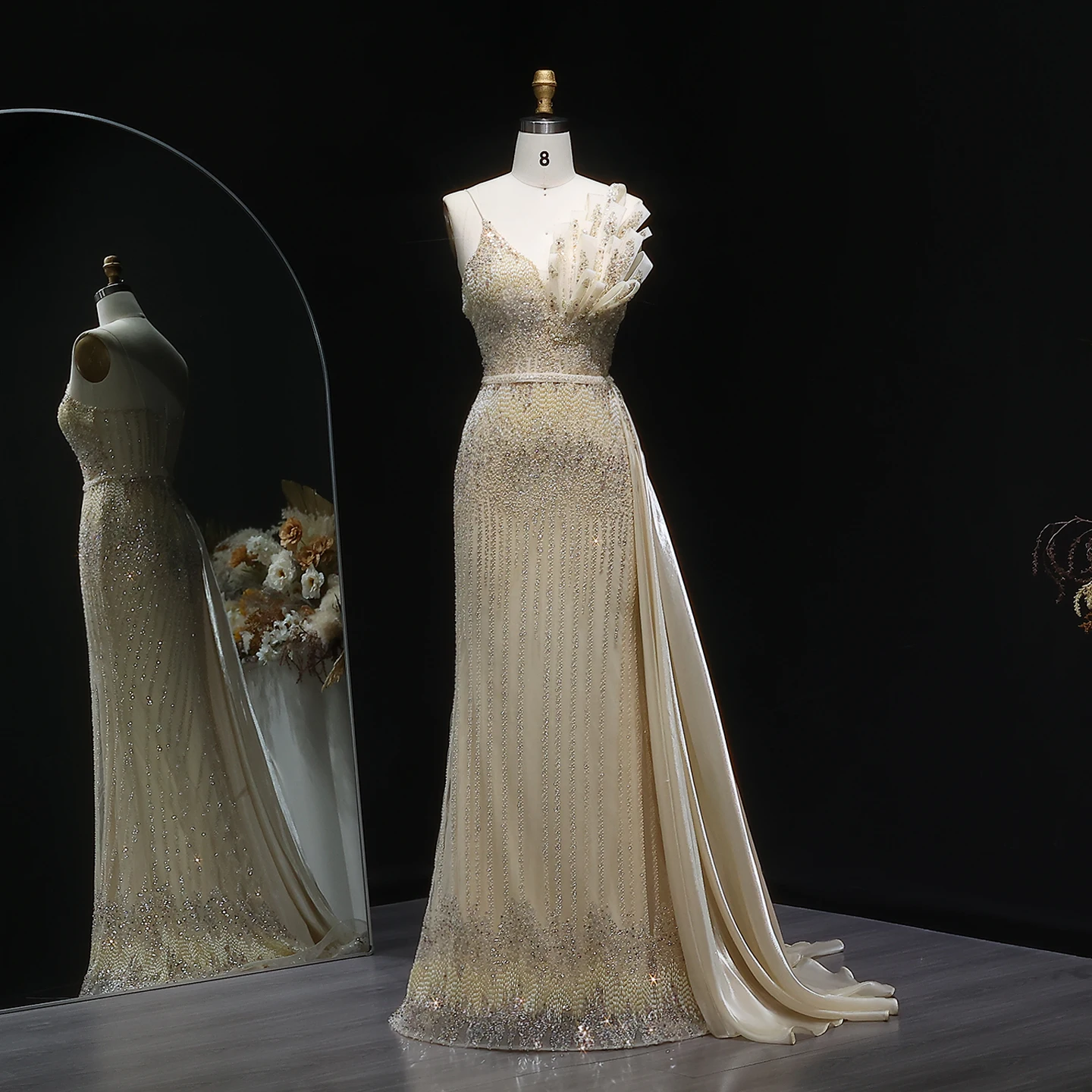 

Sharon Said Beige Long Evening Dress with Side Overskirt Luxury Beading Women Wedding Formal Party Gowns SS094 Customized