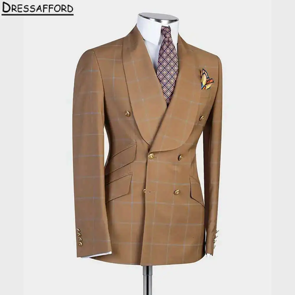 Khaki Checked Men Suits For Wedding Groom Tuxedos 2 Pieces Jacket Pants Prom Blazers Customized