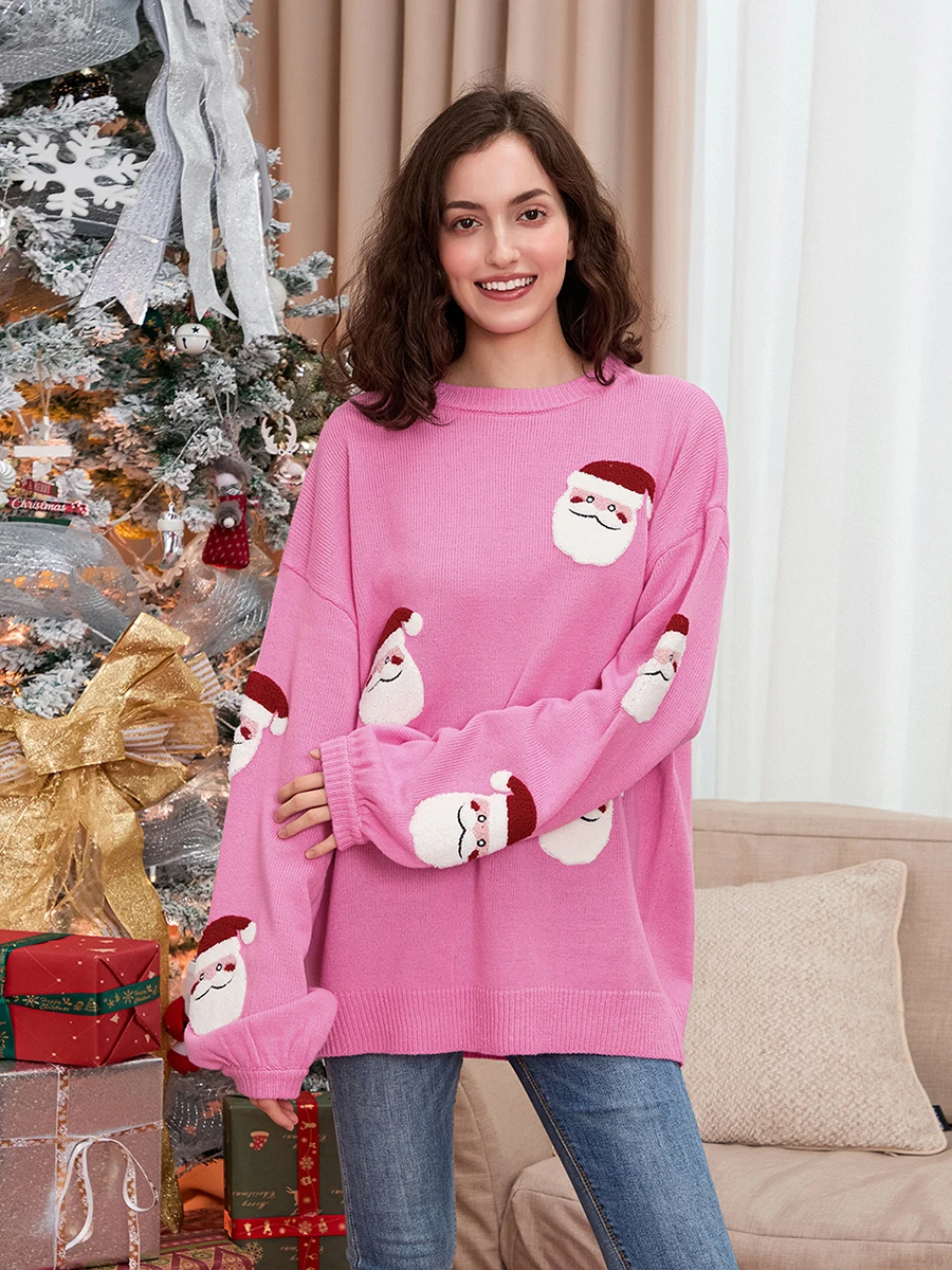 Women s Festive Reindeer Print Oversized Sweater with Round Neckline and Long Sleeves - Cozy Knitwear for Christmas