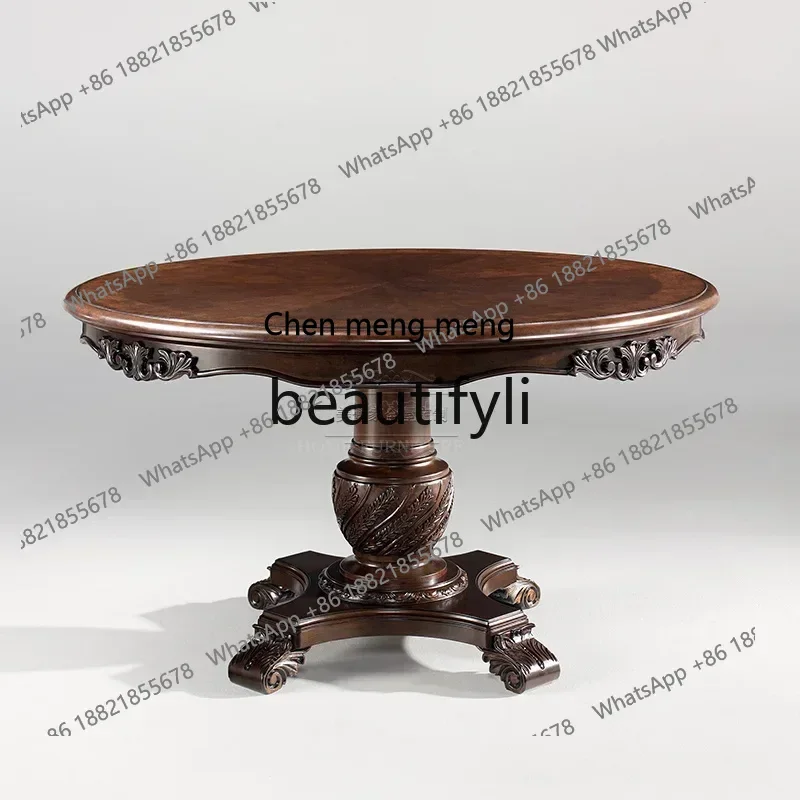z183 A55 American rural solid wood light luxury restaurant round table neoclassical carved retro old dining table, high-end furn