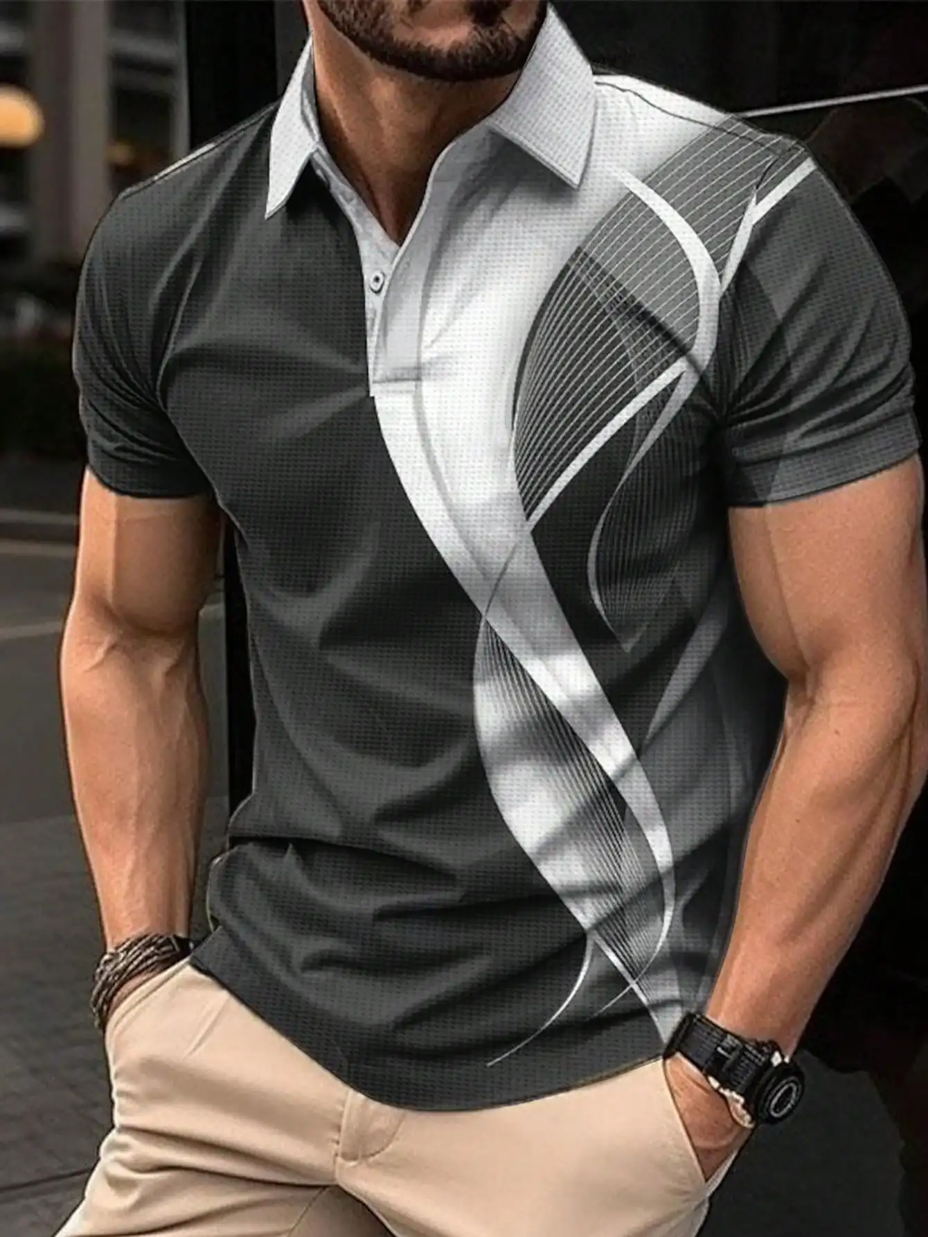 

Men's Short Sleeve Waffle Knit Polo Shirt with Abstract Geometric Print, Casual Business Wear