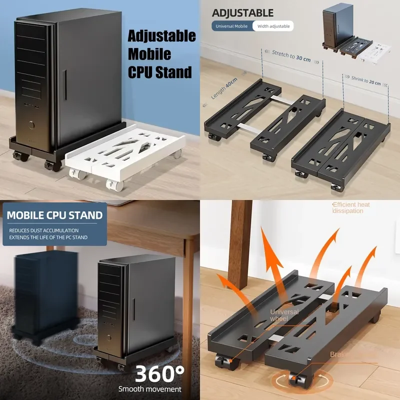 Adjustable Mobile PC Tower Stand with Wheels under Desk CPU Holder Adjustable Stable Mobile Computer Host Stand for Home