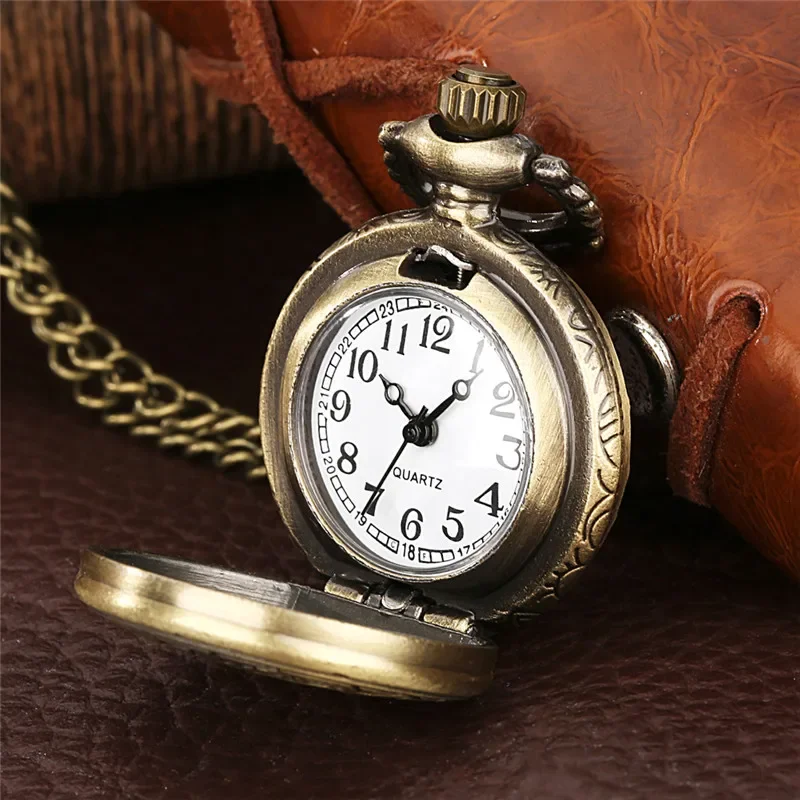 Bronze Hollow Out Gear Cover Men Women Quartz Analog Pocket Watch Arabic Numeral Necklace Chain Small Size Timepiece reloj