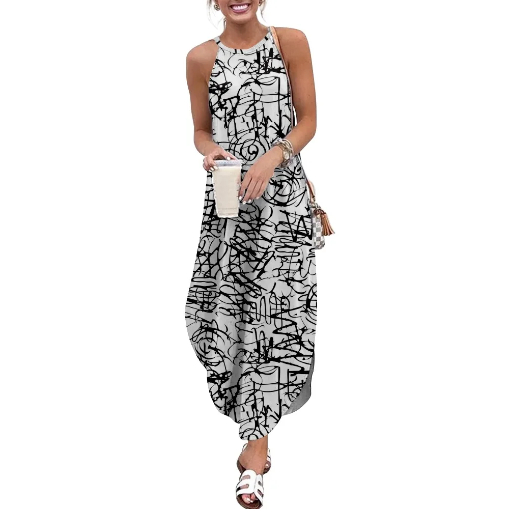 

Street Graffiti Print Women Casual Short Sleeve Camisole Dress Loose Long Double Pocket Beach Resort DressWoman Dress