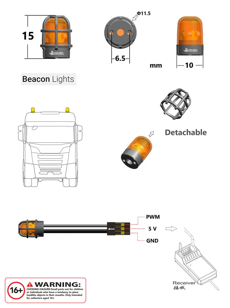 JUWUBA LED 5V RC Model Warning Light Rotating Light for Tamiya RC Truck SCANIA 770S R620 VOLVO Arocs MAN TGX Car Accessories