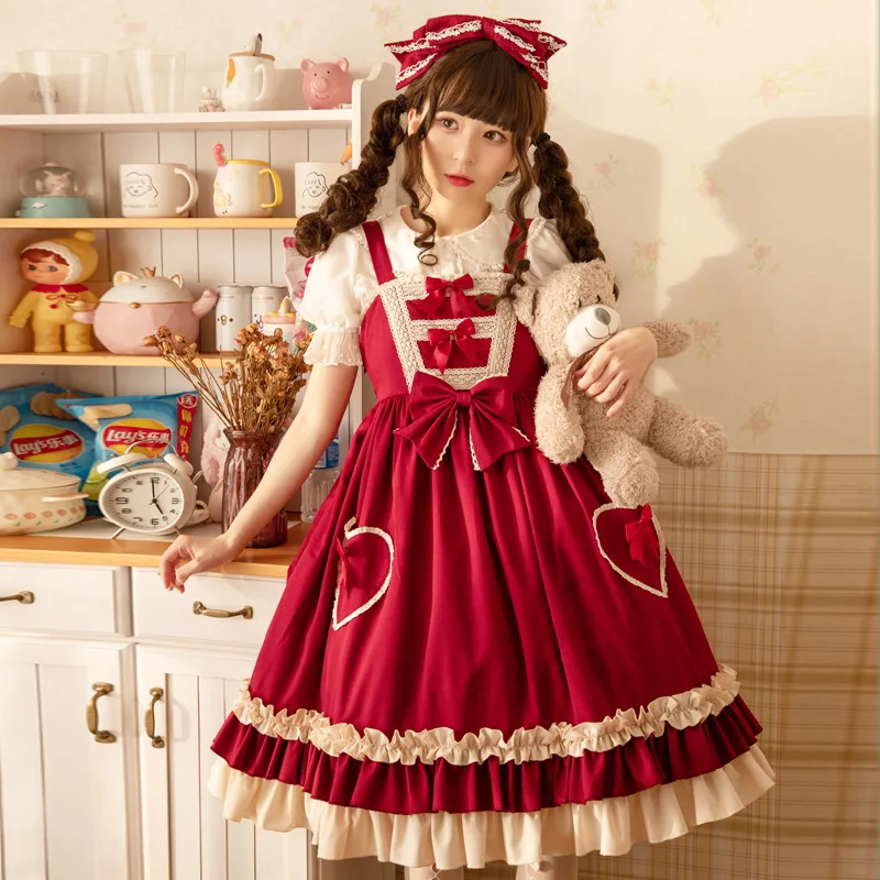 Red Lolita Kleider JSK Sommer Frauen Kawaii Jumper Rock Mädchen Spitze Miads Prinzessin Süße Kleid Japanischen Cosplay Kostüm Kleid