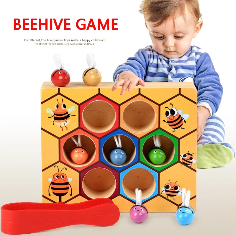 6.5Inx5.4In Fine Motor Skill Toy For Toddlers,Clamp Bee To Hive Matching Game,Montessori Wooden Color Sorting Puzzle