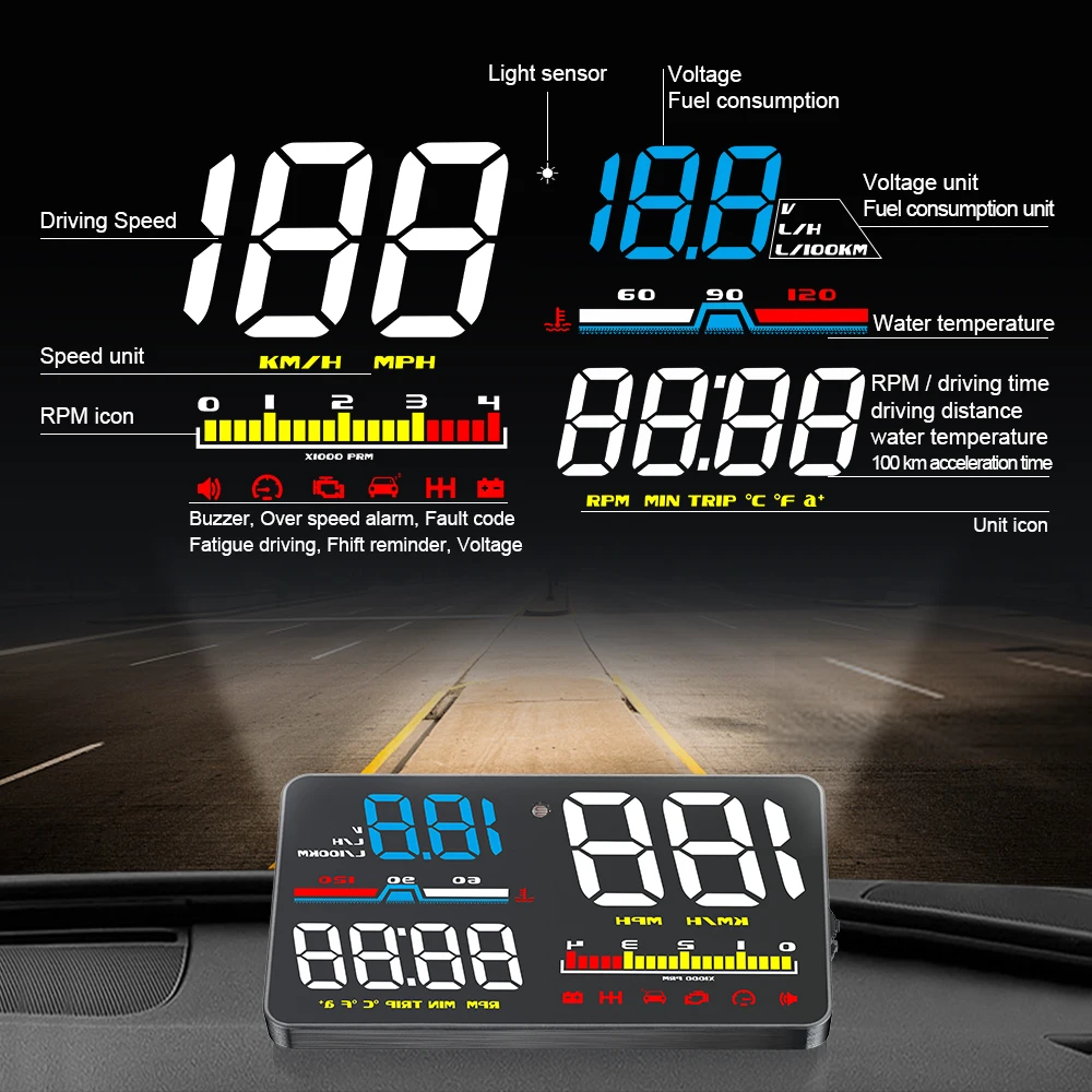 Head Up Display D5000 OBD2 HUD Digital Speedometer Windshield Projetor Meter Diagnostic Tool Overspeed Alarm LED Electronic Auto