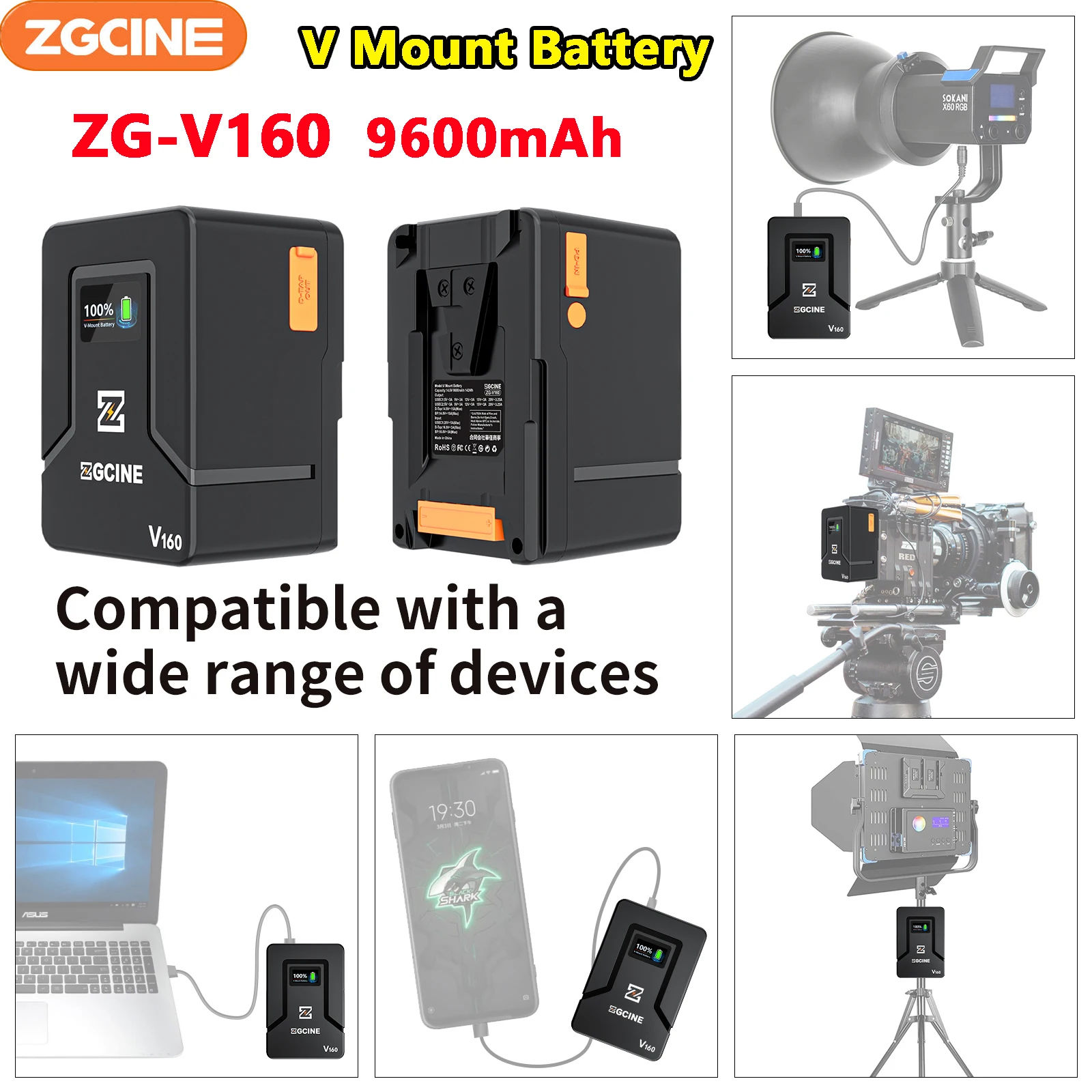 

ZGCINE ZG-V160 New 9600mAh V Mount Battery Power Bank 14.8V V Lock V Shape Li-ion Battery PD Fast Charging For camera DSLR