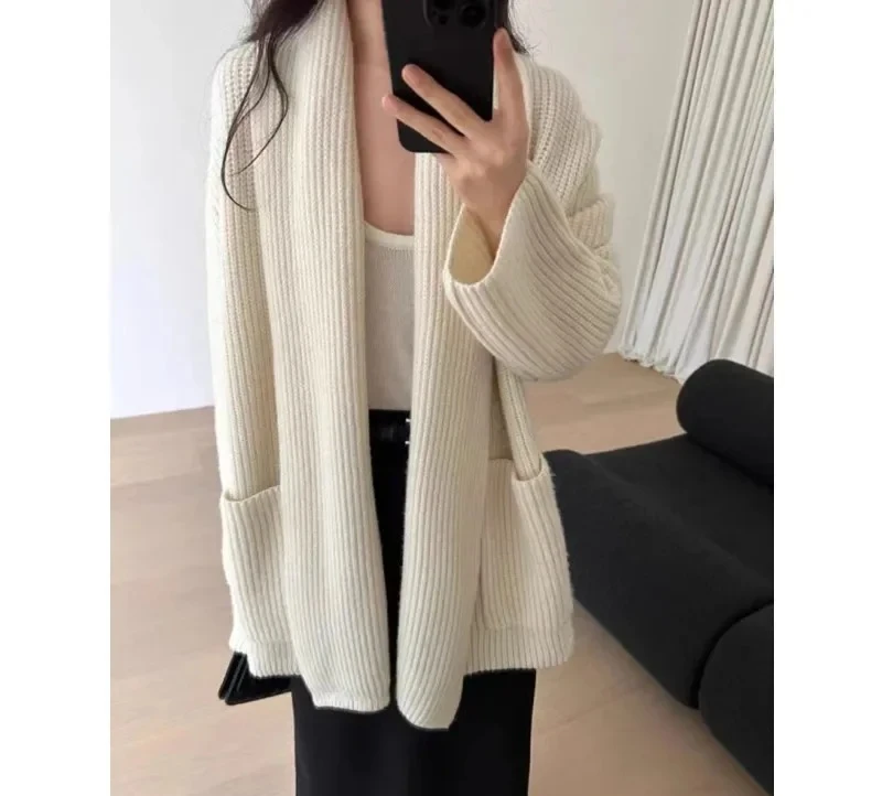 

Верхняя одежда с воротником-полоЭлегантный женский свитер средней длины Осень/зима Утолщенный вязаный топ свободного похудения