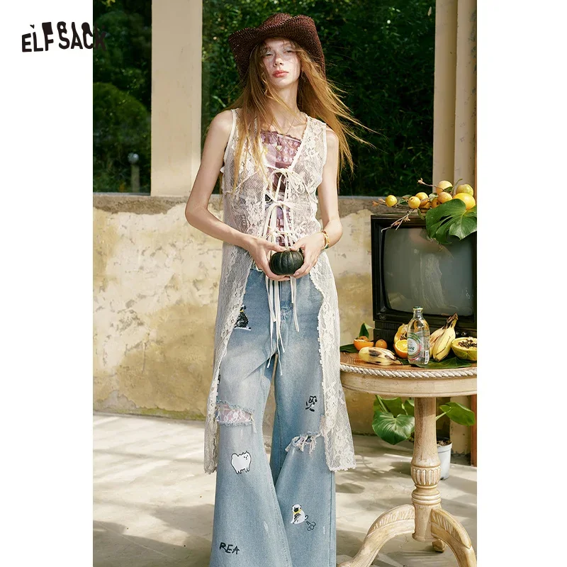 ELFSACK Sheer Floral Lace Long VestV Neck Front Tie Sleeveless Long OuterwearScalloped Hem Layering