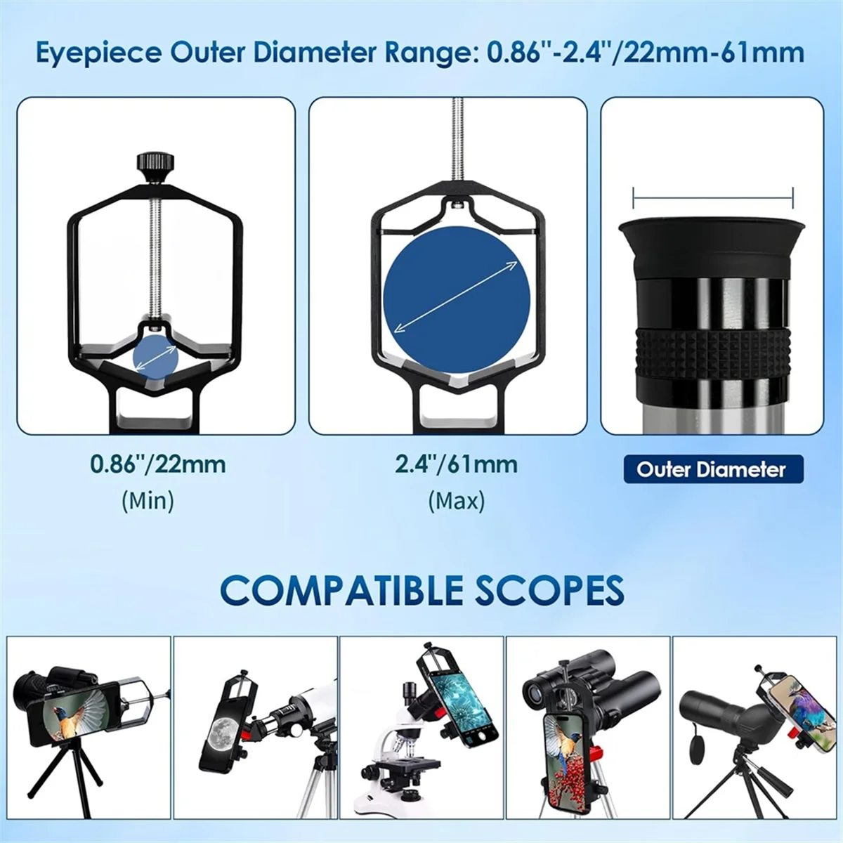 Universal Digiscoping อะแดปเตอร์โทรศัพท์กล้องโทรทรรศน์ 3 แกนผู้ถือ Mount สําหรับกล้องส่องทางไกลกล้องจุลทรรศน์เดียวกล้องโทรศัพท์