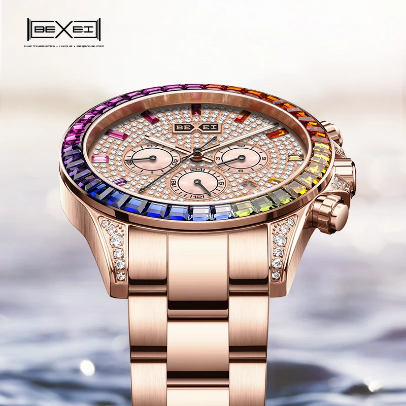 BEXEI 9155 Rainbow Crystal Bezel 360 zircons Dial movement mechanical watch Luxury sapphire 5ATM waterproof