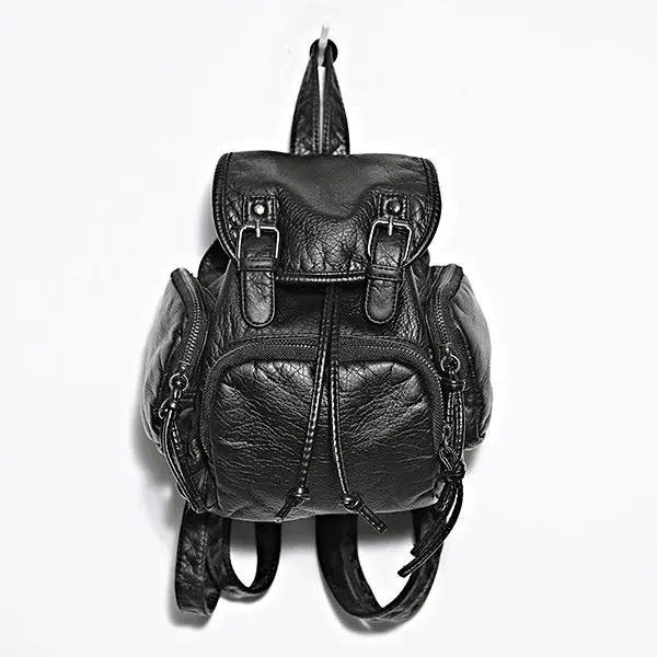 Double Shoulder Bag Women's Pu Leather Drawstring Zipper Pocket Brand Design Wrinkled Leather Pattern Leisure Fashion Backpack