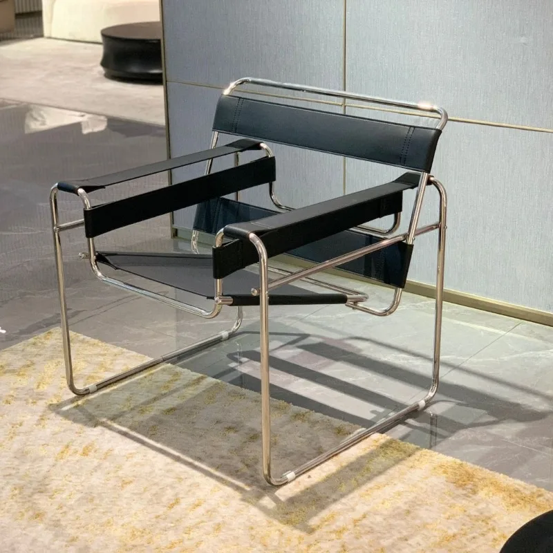 

Single medieval casual sofa chair, stainless steel saddle leather living room study chair