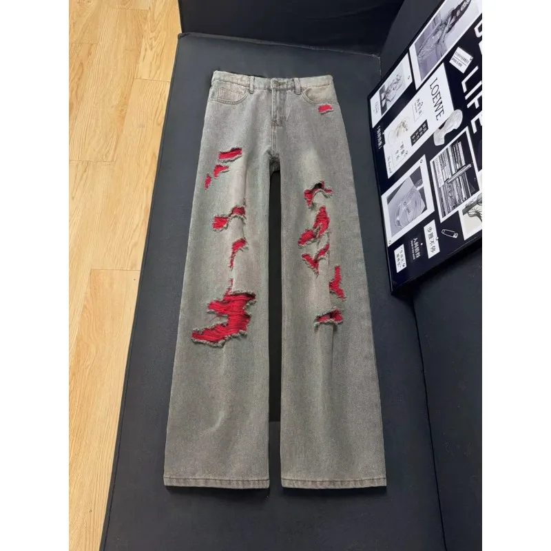 

2026 New Men's Distressed Contrast Color Jeans American High Street Style Loose Wide Leg Ripped Denim Pants